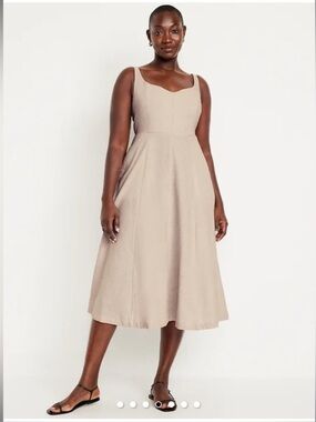 Linen-Blend Sweetheart Neckline Midi Dress